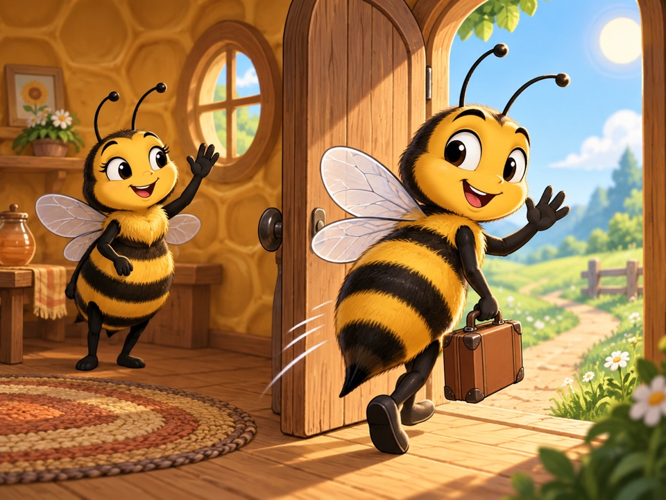Inside a honeycomb-patterned home, one bee waves while another bee carries a suitcase through an open door.