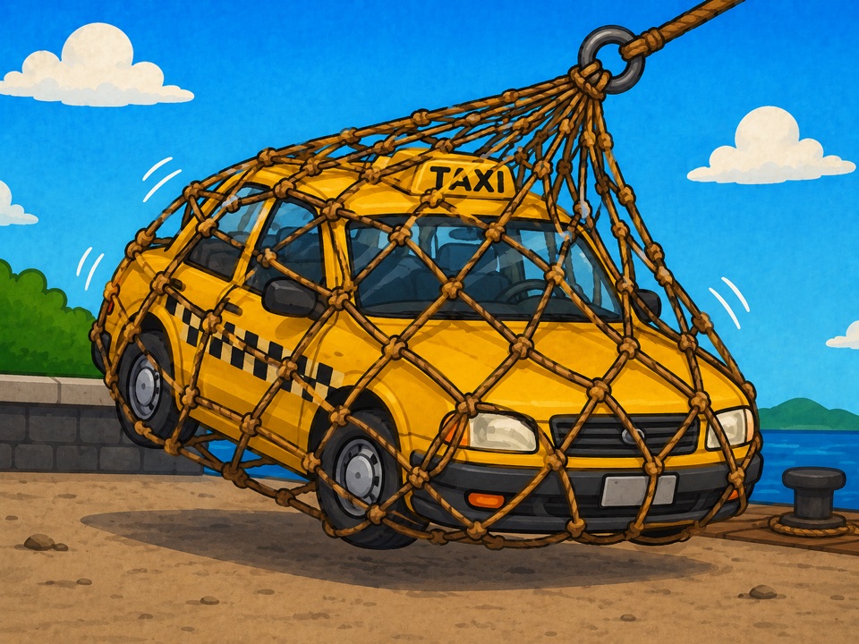 A yellow taxi is completely enclosed in a large knotted cargo net.
