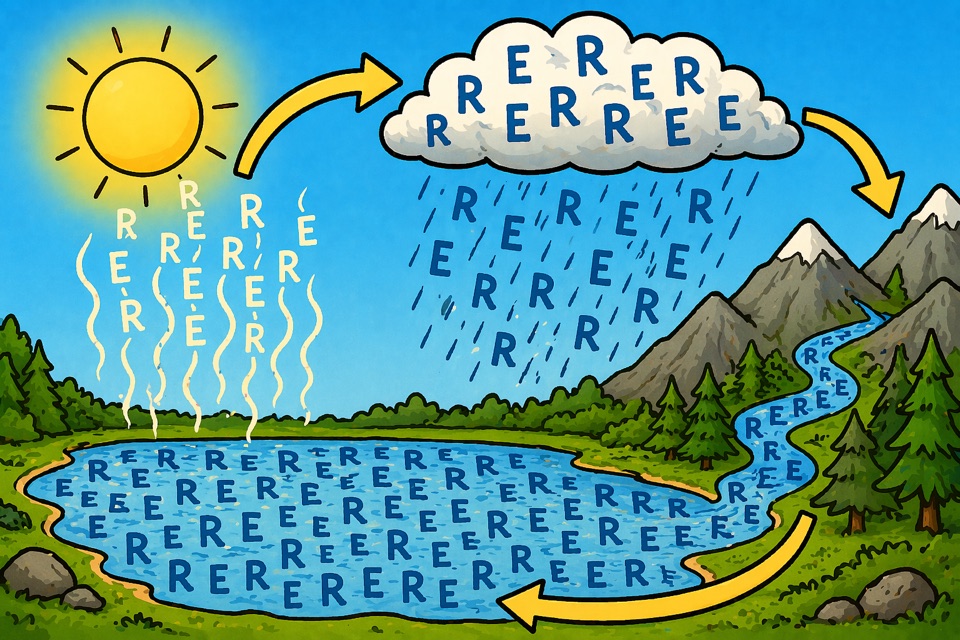 A water cycle diagram with the letters R and E repeated through the lake, clouds, rain, and river.